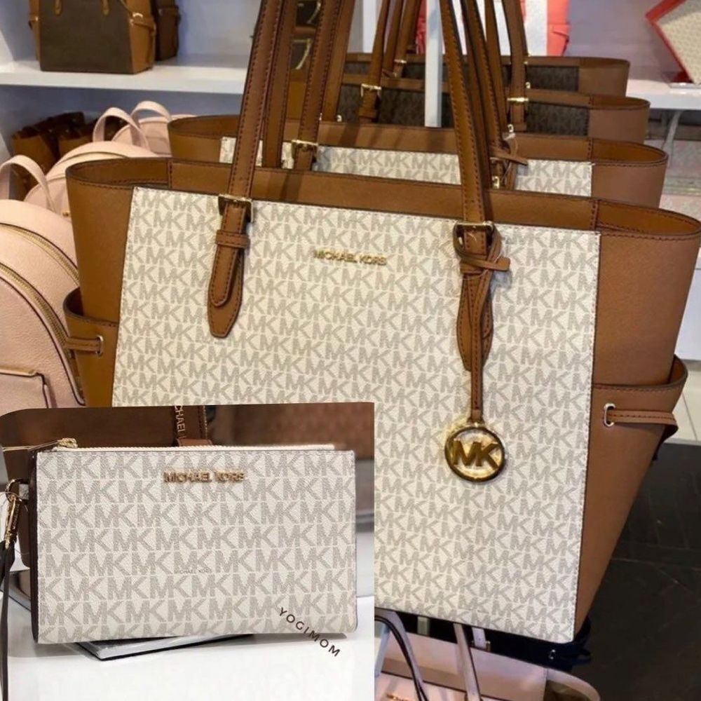 BUNDLE Michael Kors Vanilla Gilly Large Drawstring Shoulder tote WALLET Vanilla